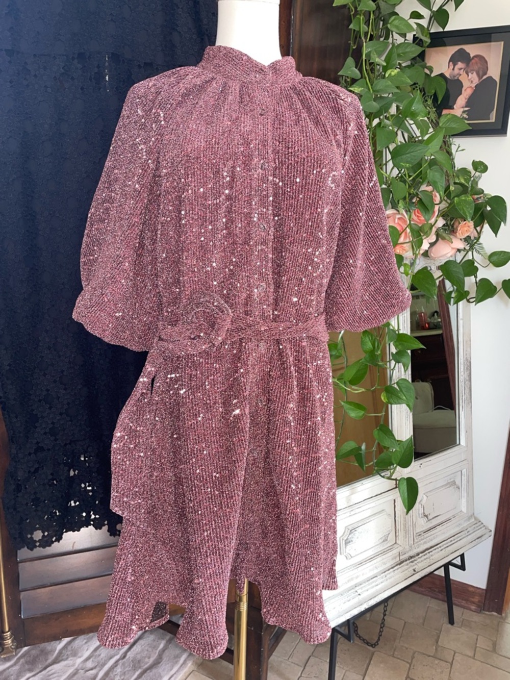 CIEBON Metallic Knit Nordstrom Sparkling Rose Pink Sequin Dress Medium Current - Picture 6 of 13